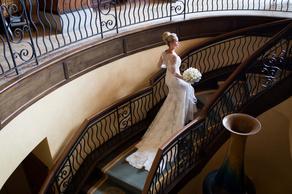 Montreal wedding photography at Hotel Quintessence Bride on staircase