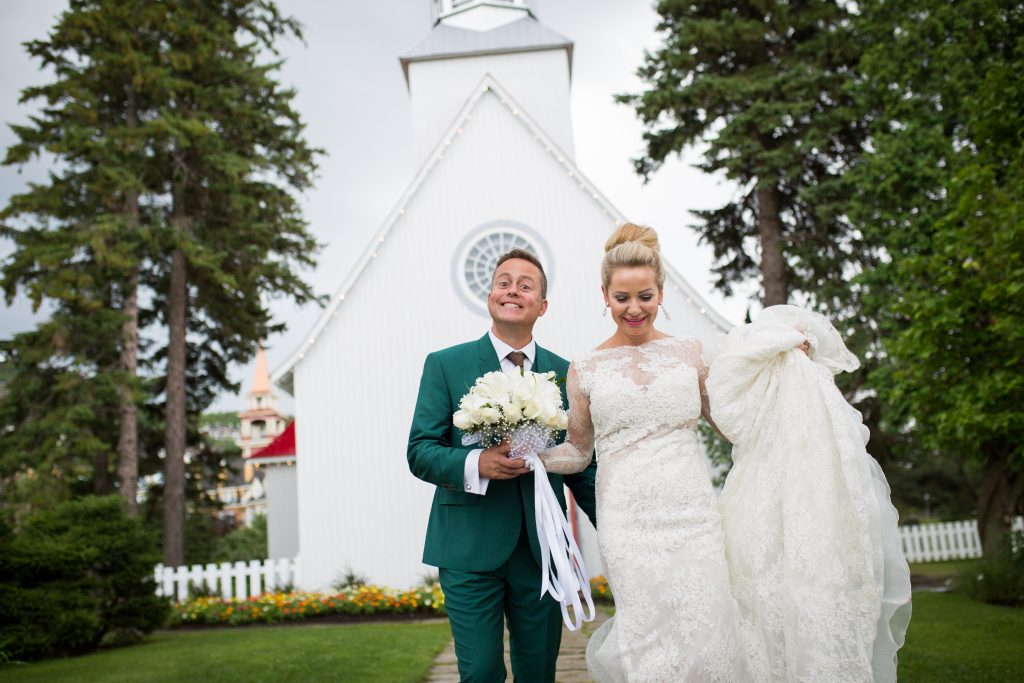 Montreal wedding photographer: Chapelle Tremblant bride and groom just married